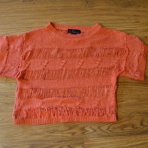 Coral Loose Weave Chiffon Back Crop Sweater Top